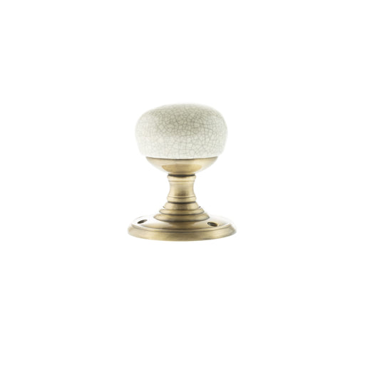 Old English Skipton Porcelain Cream Crackle Door Knob on Face Fix Rose - Antique Brass