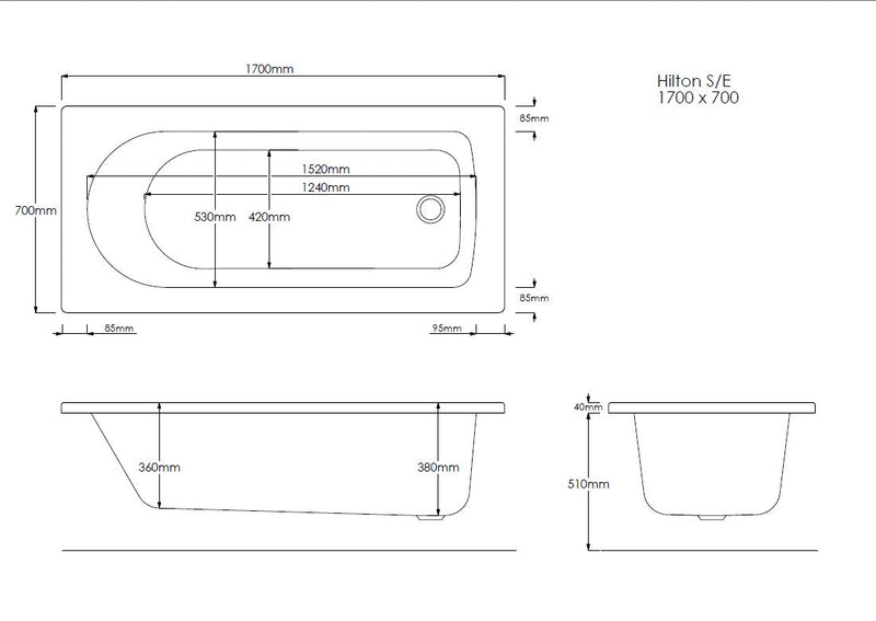 Nova 1700mm x 700mm Single Ended Bath
