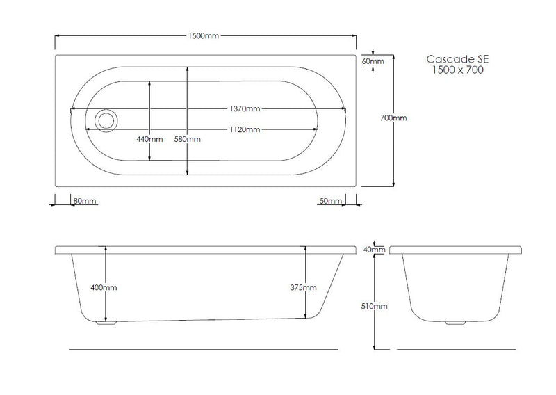 Excel 1500mm x 700mm Single Ended Bath