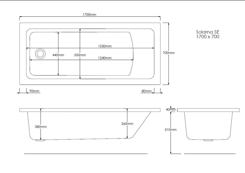 Pinnacle 1700mm x 700mm Single Ended Bath