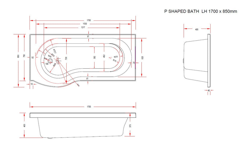 Sage 1700mm x 850mm Left Handed P Shaped Bath