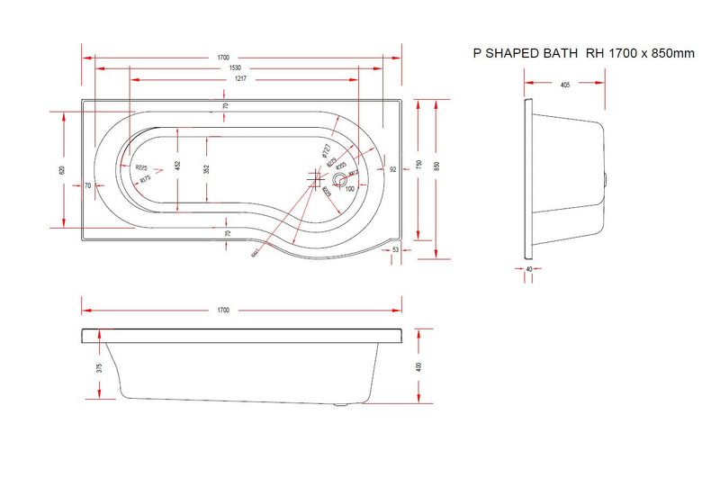 Sage 1700mm x 850mm Right Handed P Shaped Bath