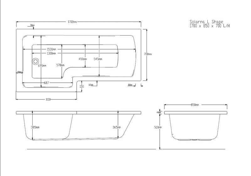 Tide 1700mm x 850mm Left Handed L Shaped Bath
