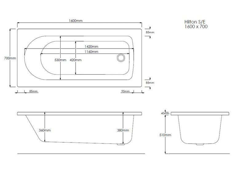 Nova Geode 1600mm x 700mm Single Ended Bath