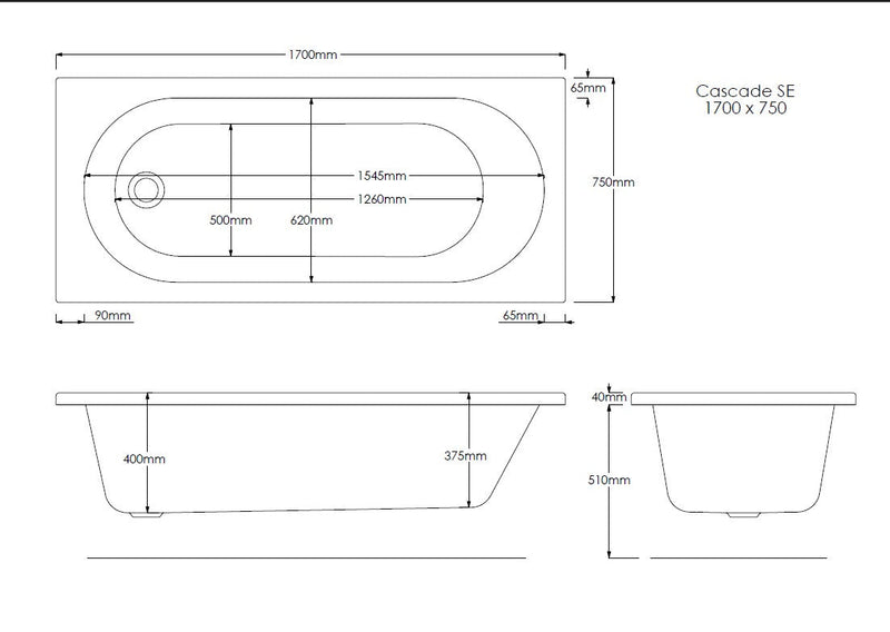 Excel Geode 1700mm x 750mm Single Ended Bath