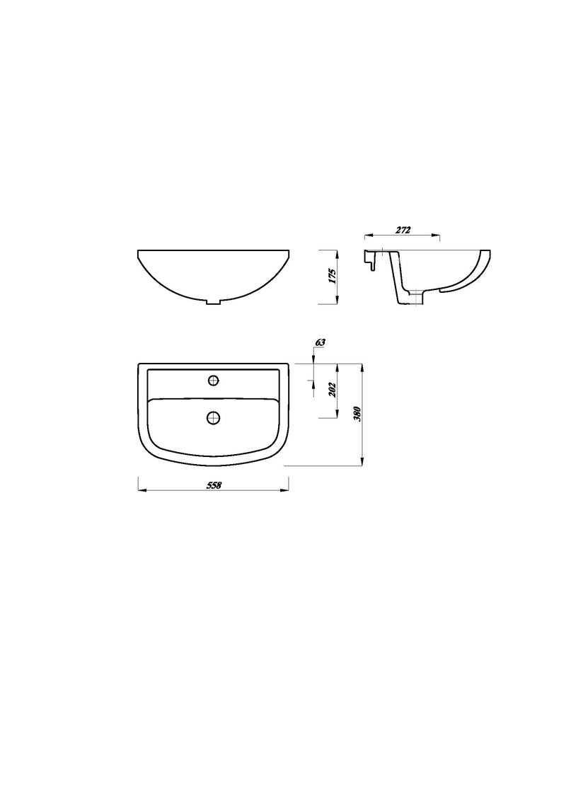 Glade 560mm x 380mm Semi Recessed 1 Tap Hole Basin - White