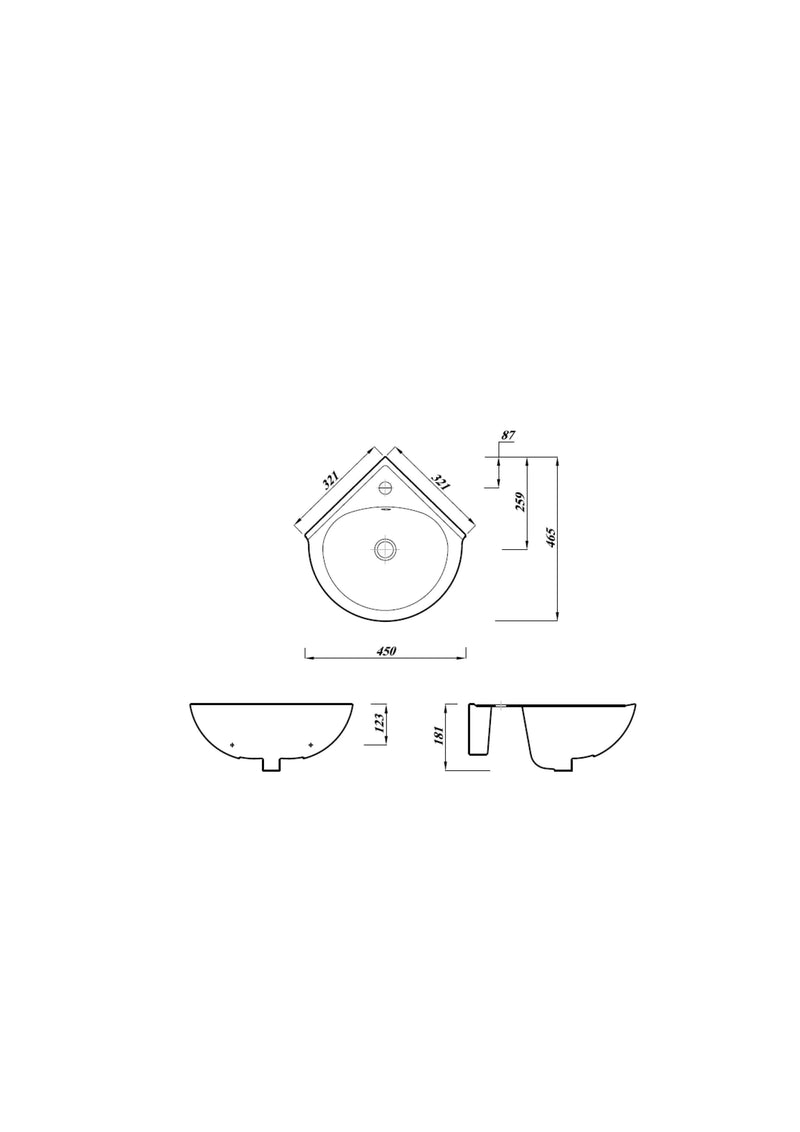 Laguna 450mm x 465mm 1 Tap Hole Corner Basin - White