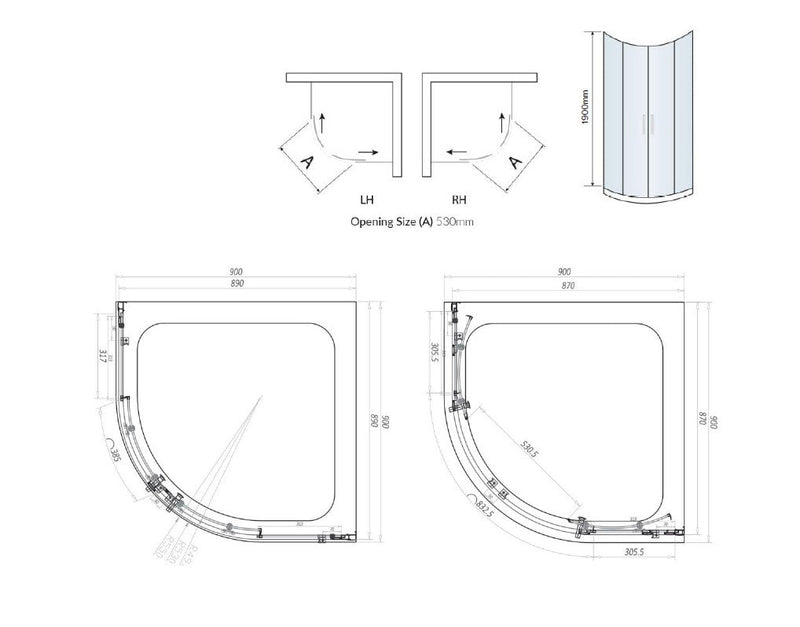 Belmont 6mm x 900mm x 900mm 2 Door Quadrant Shower Enclosure