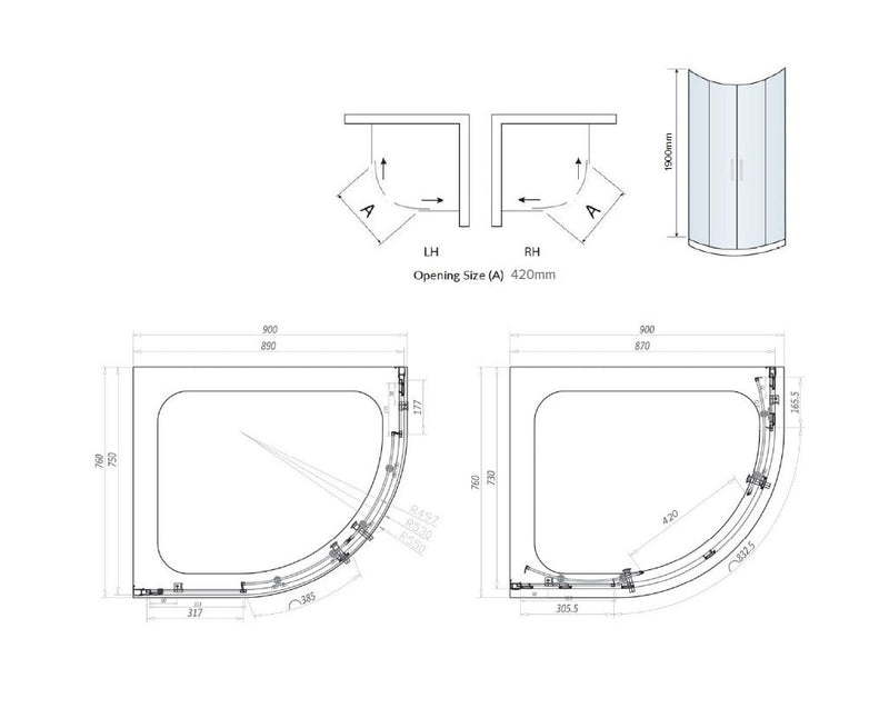 Belmont 6mm x 900mm x 760mm 2 Door Quadrant Shower Enclosure