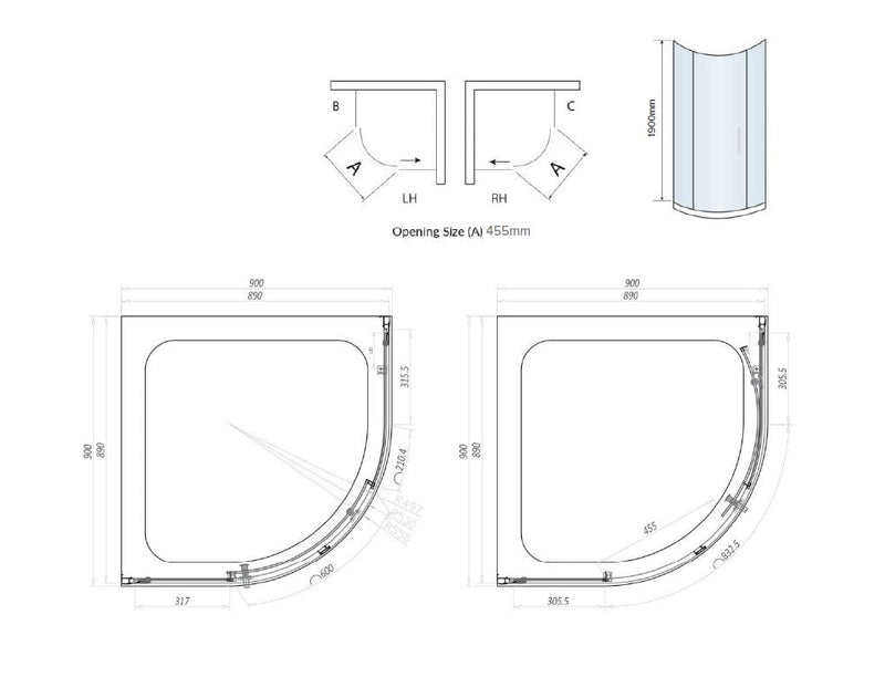 Belmont 6mm x 900mm x 900mm 1 Door Quadrant Shower Enclosure