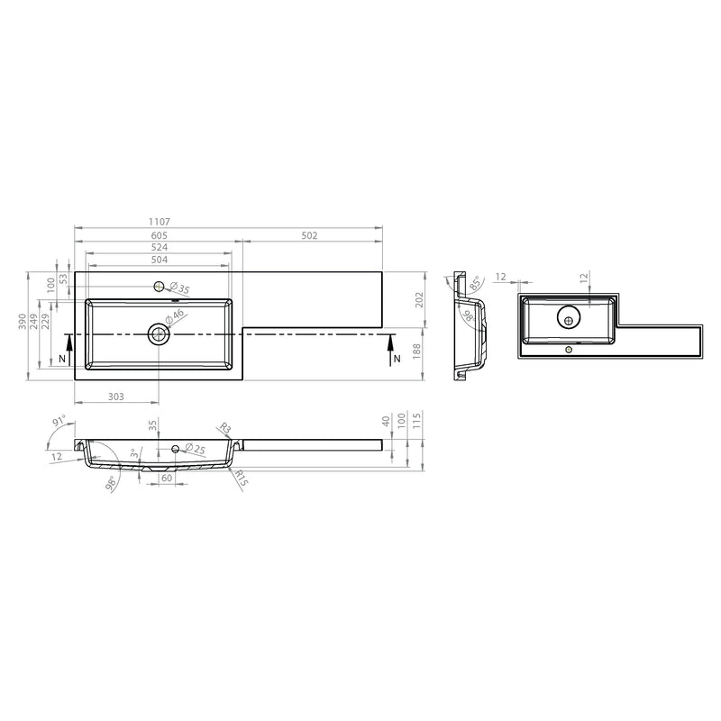 Kingsford 1100mm x 390mm 1 Tap Hole Left Handed L Shape Mineralcast Basin - White