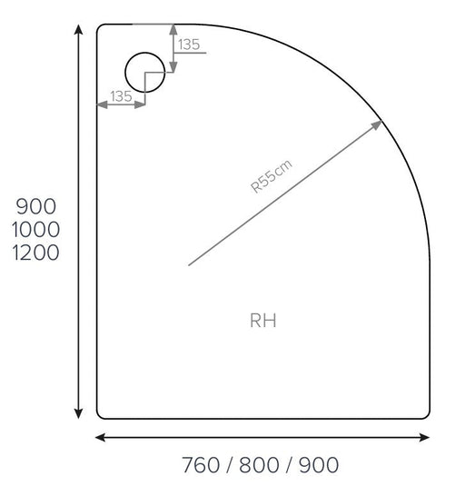 ALPHA RH 1000MM X 800MM QUADRANT ANTI-SLIP SHOWER TRAY TRAY 550MM RADIUS