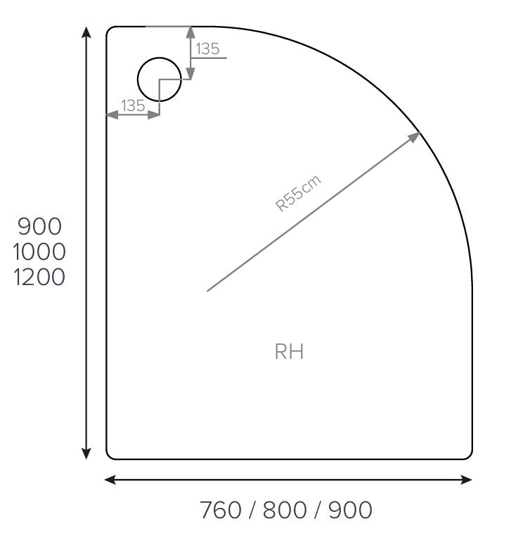 ALPHA RH 1200MM X 800MM QUADRANT ANTI-SLIP SHOWER TRAY TRAY 550MM RADIUS