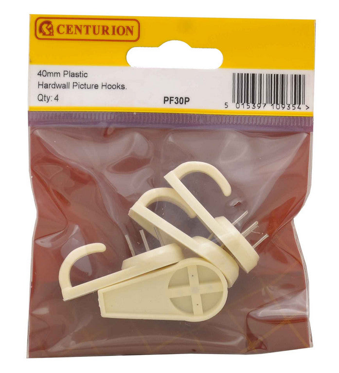 40mm Plastic Hard Wall Picture Hooks 4PK