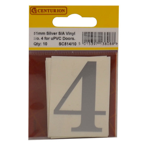 51mm Silver Traditional Oldstyle Font Vinyl Number 4 (Pack of 10)