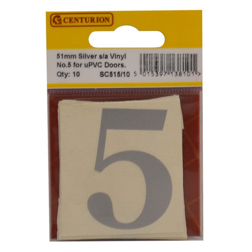 51mm Silver Traditional Oldstyle Font Vinyl Number 5 (Pack of 10)