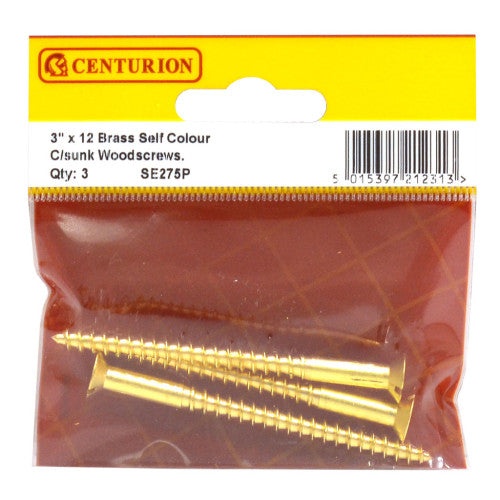 3" x 12 Slotted Brass Woodscrew - Countersunk Head - (Pack of 3)