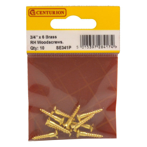 3/4" x 6 Slotted Raised Head Woodscrew - Brass - (Pack of 10)
