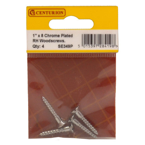 1" x 8 Slotted Raised Head Woodscrew - Chrome Plated - (Pack of 4)