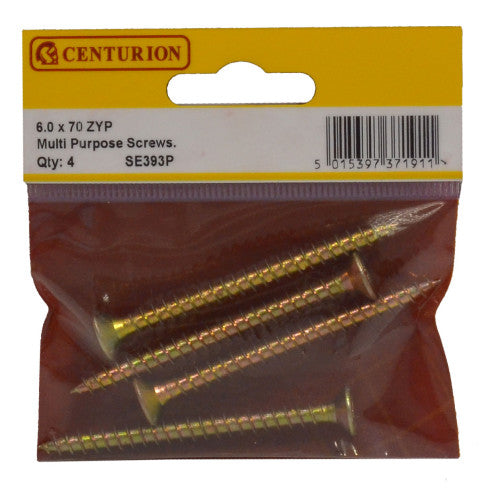 Multi Purpose Pozi Countersunk Screws, 6 x 70mm, Zinc Yellow Passivated