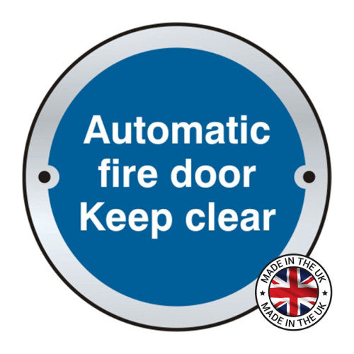 'Automatic Fire Door Keep Clear' Fire Door Disc, Satin Aluminium, 75mm