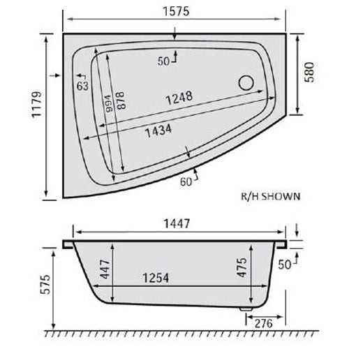 Carron Clipper 1575mm x 1200mm Left Handed Shower Bath