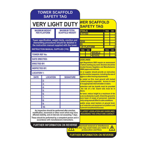 Tower Scaffold Safety Tag Insert (Pack of 10)