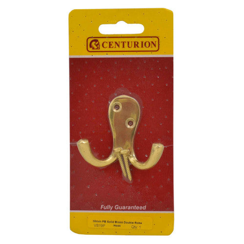 Solid Brass Double Robe Hook - Polished Brass - Pack Qty 1