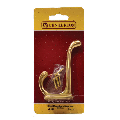 100mm School Style Solid Brass Hat & Coat Hook - Polished Brass - Pack Qty 1