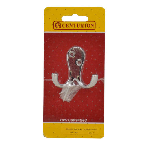 75mm Solid Brass Double Robe Hook - Chrome Plated - Pack Qty 1