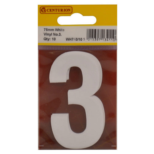 75mm White Helvetica Bold Condensed Style Vinyl Number 3 (Pack of 10)