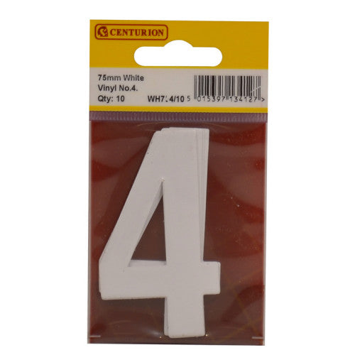 75mm White Helvetica Bold Condensed Style Vinyl Number 4 (Pack of 10)