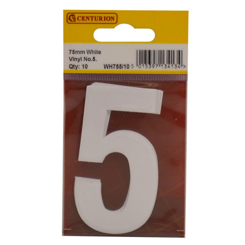 75mm White Helvetica Bold Condensed Style Vinyl Number 5 (Pack of 10)