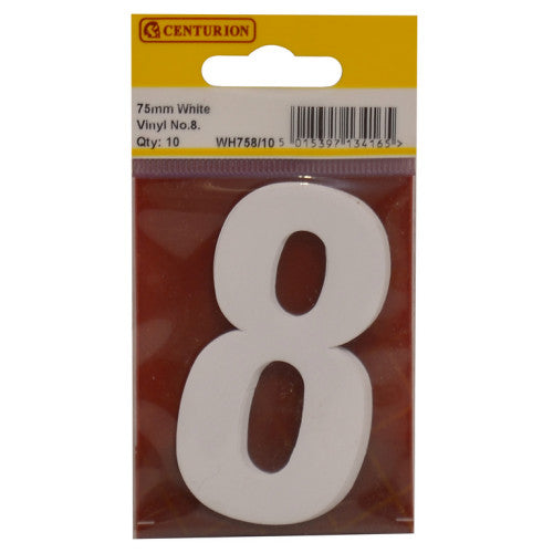 75mm White Helvetica Bold Condensed Style Vinyl Number 8 (Pack of 10)