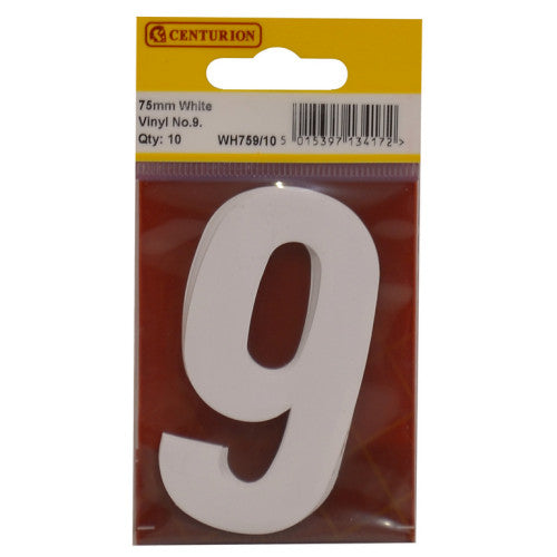 75mm White Helvetica Bold Condensed Style Vinyl Number 9 (Pack of 10)