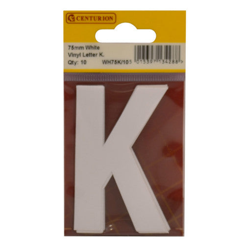 75mm White Helvetica Bold Condensed Style Vinyl Letter K (Pack of 10)
