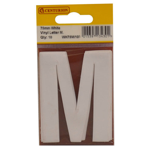 75mm White Helvetica Bold Condensed Style Vinyl Letter M (Pack of 10)