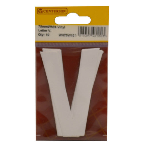 75mm White Helvetica Bold Condensed Style Vinyl Letter V (Pack of 10)