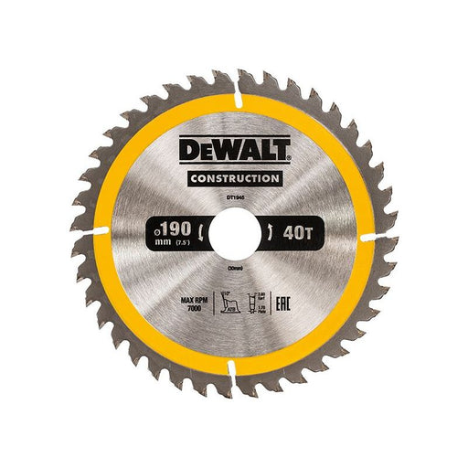 Dewalt Power Tools Portable Construction Circular Saw Blade 190 x 30mm x 40T DeWALT Power Tools - RockBottom Northampton