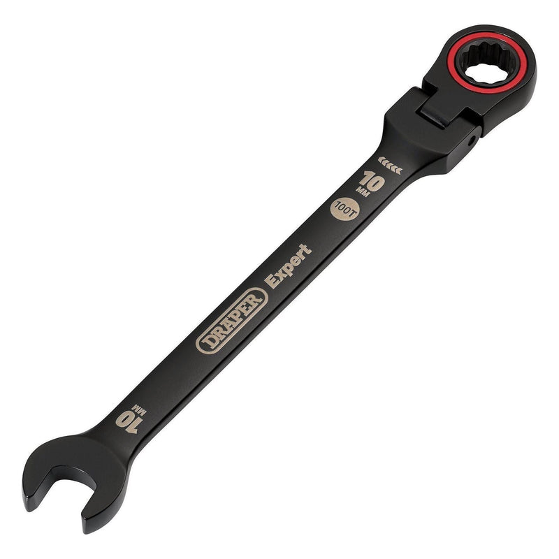 Draper Expert HI-TORQ Metric Flexible Head Ratchet Combination Spanner, 10mm, Black Draper - Town Tools