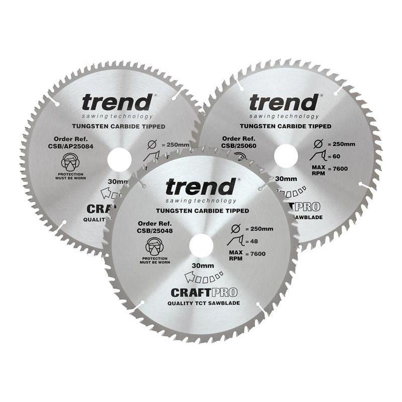 Trend CraftPro Table Saw Blade 250 x 30mm x 48T/60T/84T (Pack 3) Trend - RockBottom Northampton