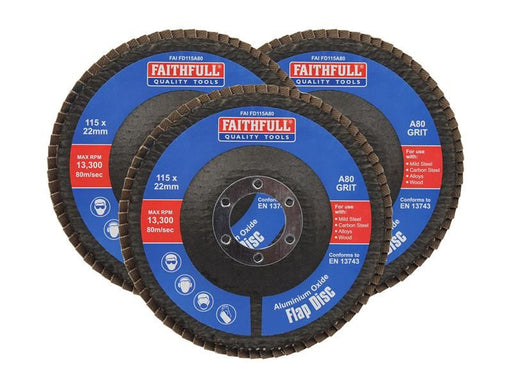 Faithfull Aluminium Oxide Flap Disc 115 x 22mm 80 Grit (3 Pack) Faithfull - RockBottom Northampton