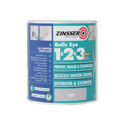 Zinsser Bulls Eye® 1-2-3 Plus Primer, Sealer & Stain Killer Grey 1 litre Zinsser - RockBottom Northampton