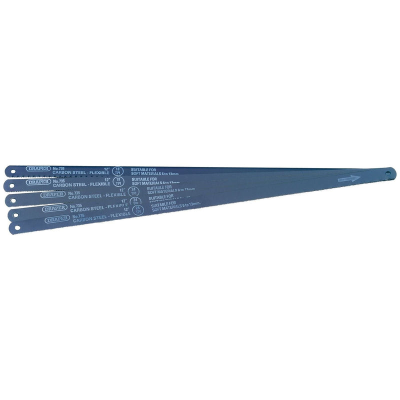 Draper Assorted Flexible Carbon Steel Hacksaw Blades, 300mm (Pack of 5) 74118 Draper - Town Tools 