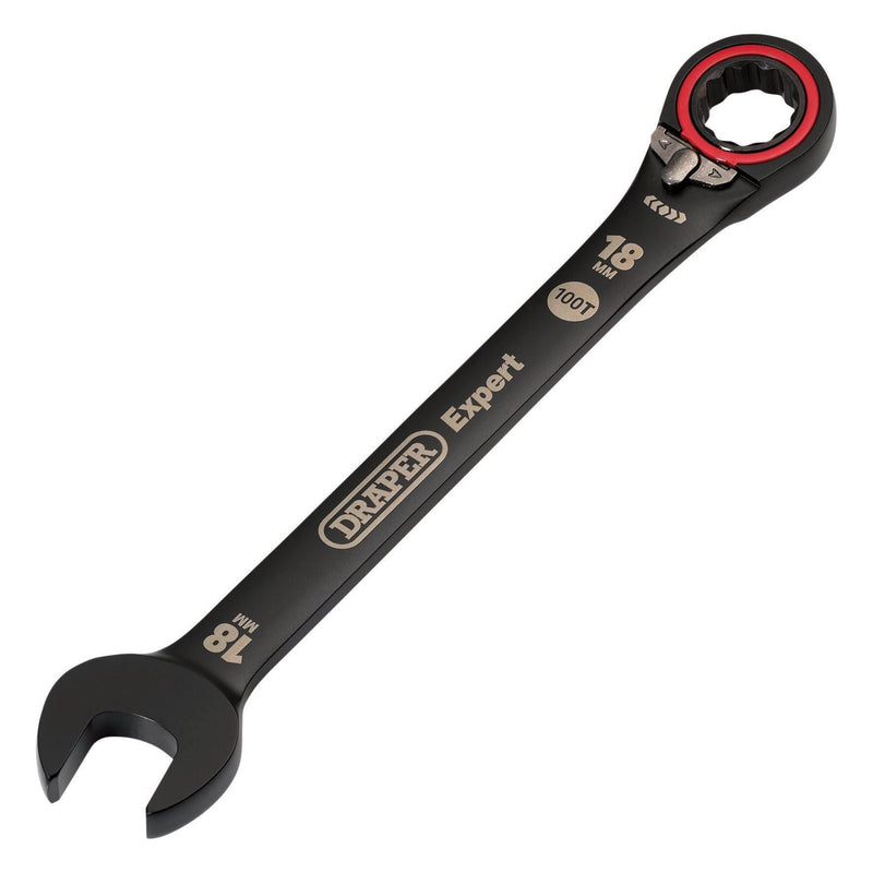 Draper Expert HI-TORQ Metric Reversible Ratchet Combination Spanner, 18mm, Black Draper - Town Tools