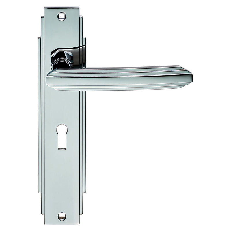 Art Deco Lever On Backplate - Lock 57Mm C/C - Polished Chrome 205 x 45mm