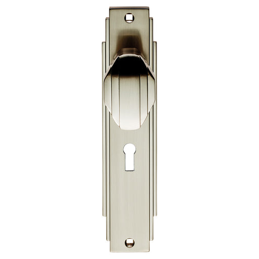 Art Deco Knob On Backplate - Lock 57Mm C/C - Satin Nickel 205 x 45mm