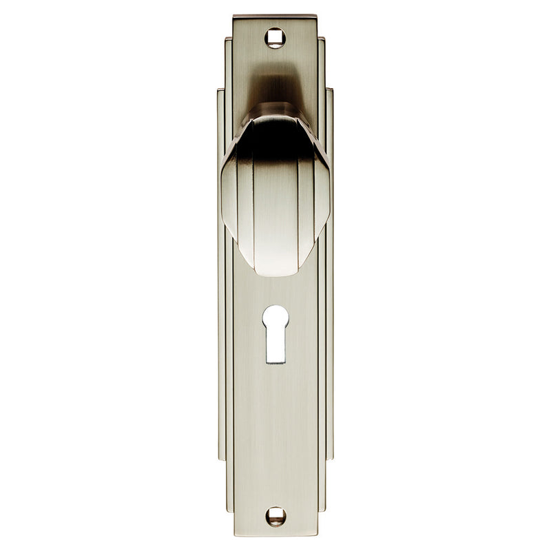 Art Deco Knob On Backplate - Lock 57Mm C/C - Satin Nickel 205 x 45mm