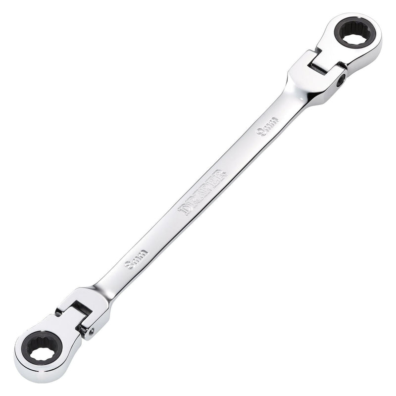 Draper HI-TORQ Metric Flexible Head Double Ring Ratchet Spanner, 8 x 9mm Draper - Town Tools