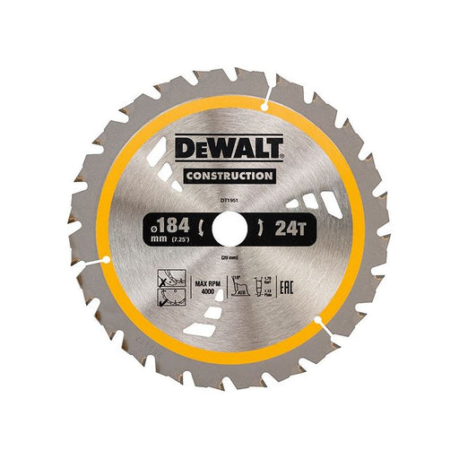 Dewalt Power Tools Cordless Construction Trim Saw Blade 184 x 20mm x 24T DeWALT Power Tools - RockBottom Northampton